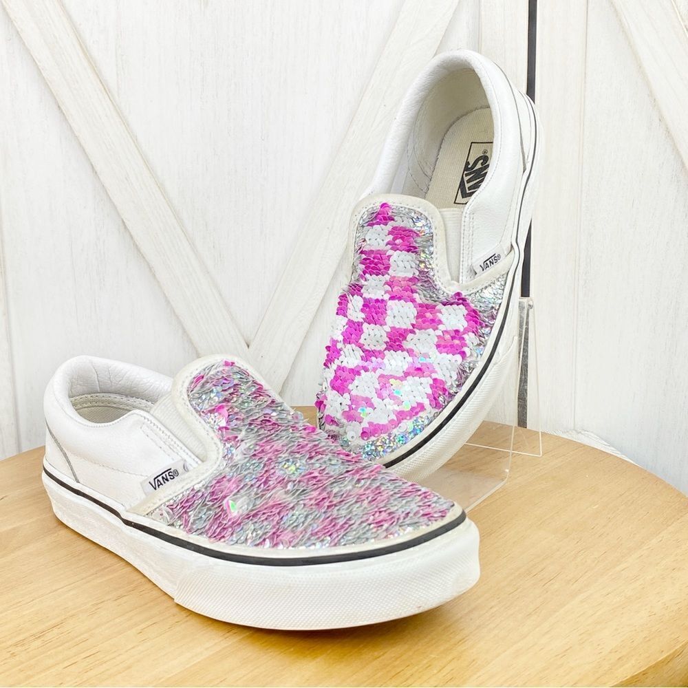 Vans Classic Leather Flip Sequin Slip On Sneaker‎ Shoe White Pink Silver Kids 3